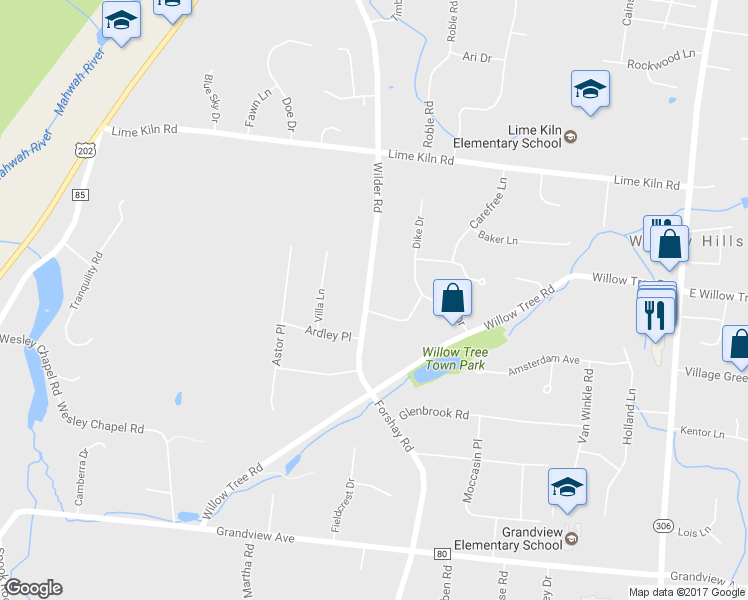 map of restaurants, bars, coffee shops, grocery stores, and more near 32 Wilder Road in Monsey