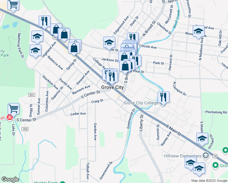 map of restaurants, bars, coffee shops, grocery stores, and more near 114 West Main Street in Grove City