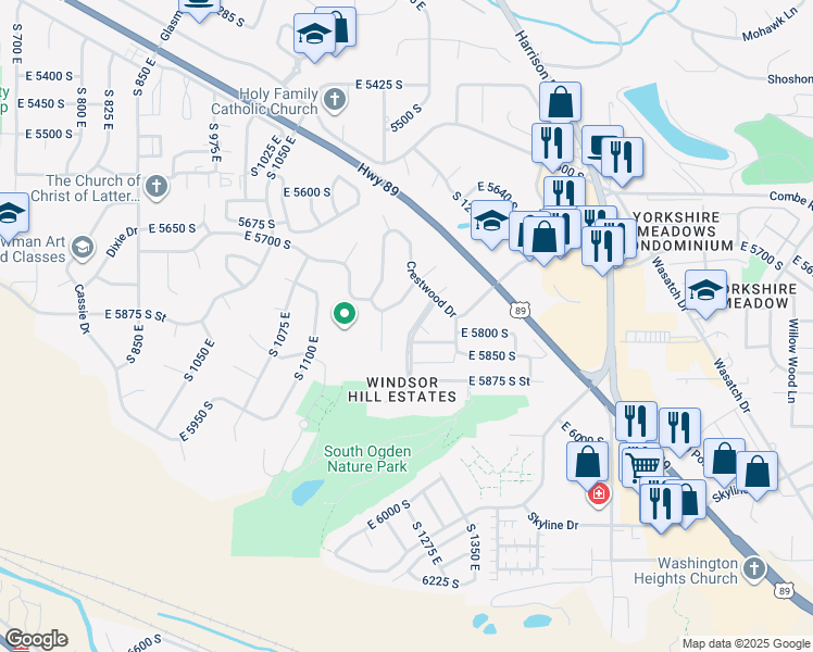 map of restaurants, bars, coffee shops, grocery stores, and more near 5813 South Main Point Boulevard in South Ogden