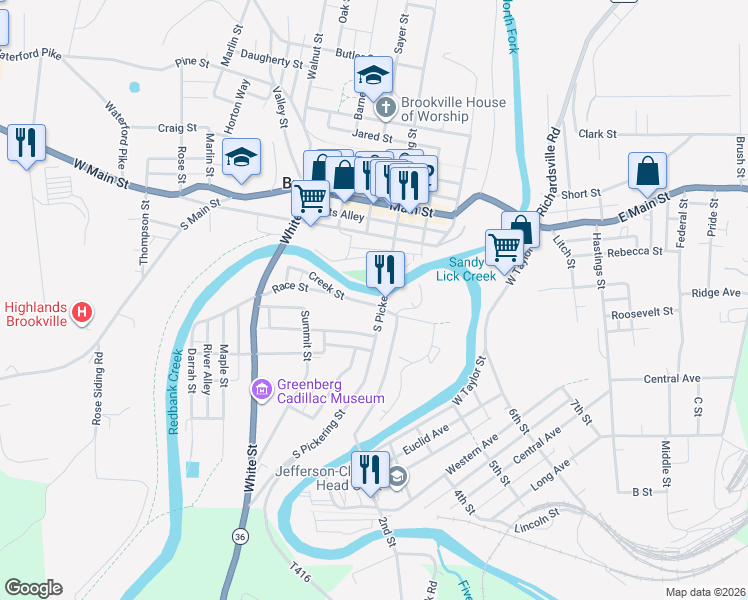 map of restaurants, bars, coffee shops, grocery stores, and more near 1 Sylvania Street in Brookville