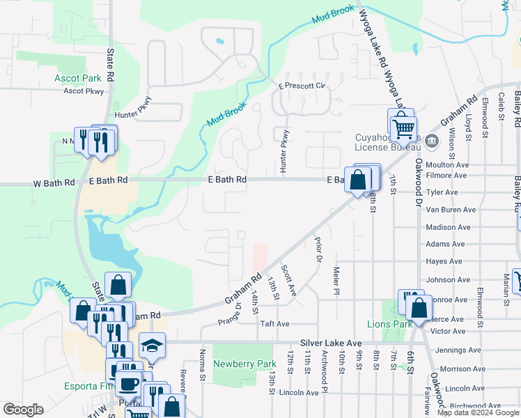 map of restaurants, bars, coffee shops, grocery stores, and more near 300 East Bath Road in Cuyahoga Falls