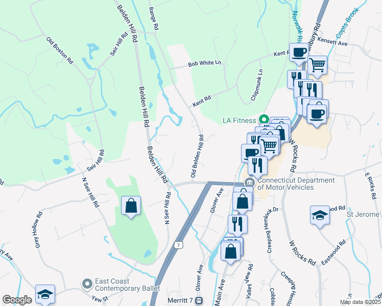 map of restaurants, bars, coffee shops, grocery stores, and more near 122 Old Belden Hill Road in Norwalk