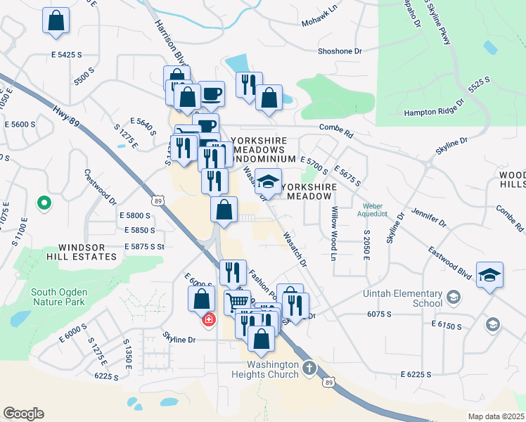 map of restaurants, bars, coffee shops, grocery stores, and more near 5828 Harrison Boulevard in South Ogden