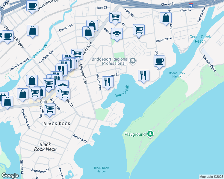 map of restaurants, bars, coffee shops, grocery stores, and more near 40 Ferris Street in Bridgeport