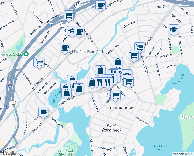 map of restaurants, bars, coffee shops, grocery stores, and more near 90 Fox Street in Bridgeport