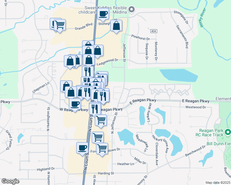 map of restaurants, bars, coffee shops, grocery stores, and more near 1151 North Jefferson Street in Medina