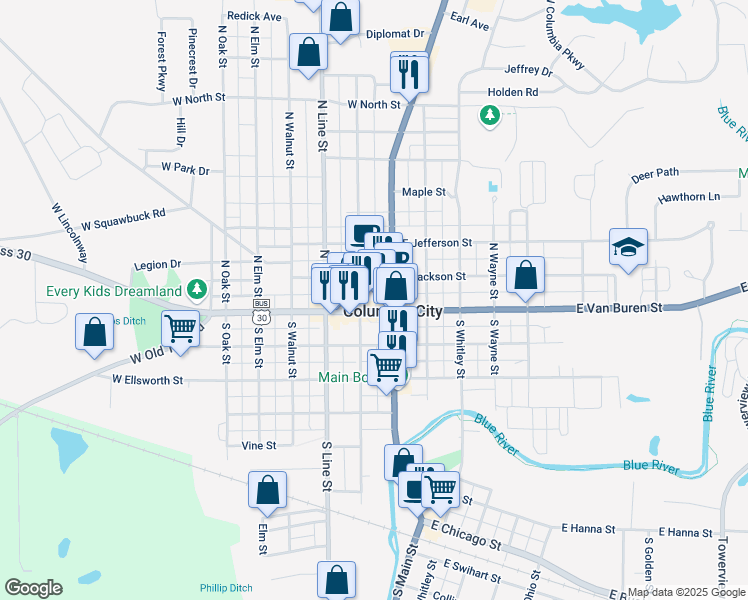 map of restaurants, bars, coffee shops, grocery stores, and more near 153 U.S. 30 Business in Columbia City