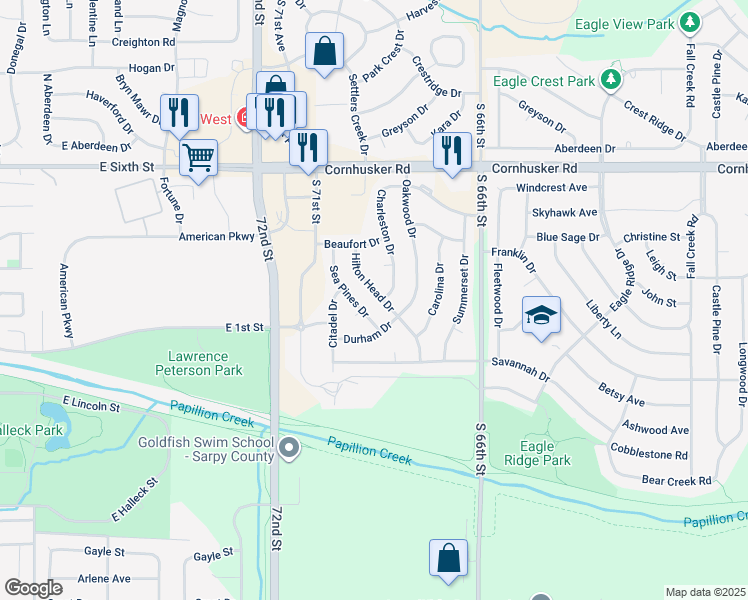map of restaurants, bars, coffee shops, grocery stores, and more near 1510 Durham Drive in Papillion