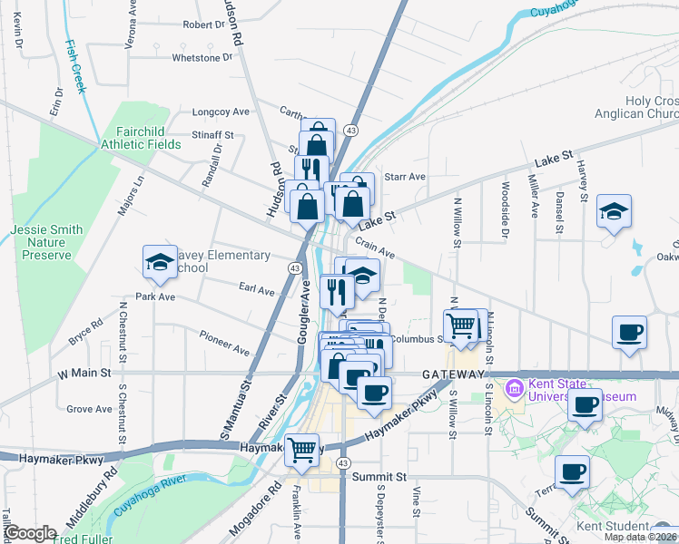map of restaurants, bars, coffee shops, grocery stores, and more near 418 North Water Street in Kent
