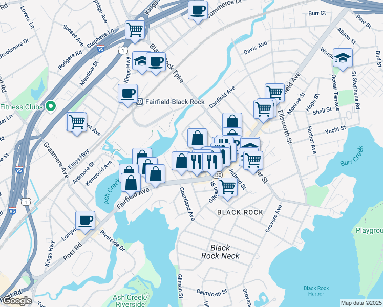 map of restaurants, bars, coffee shops, grocery stores, and more near 90 Fox Street in Bridgeport