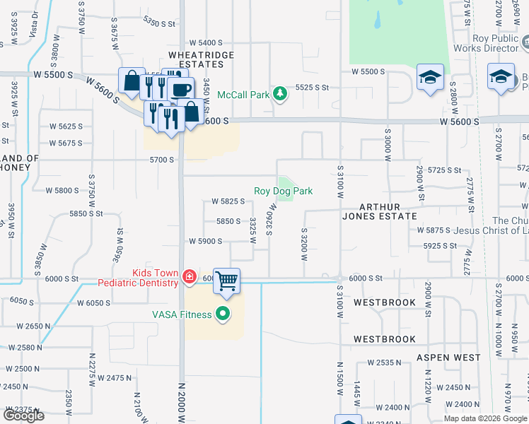map of restaurants, bars, coffee shops, grocery stores, and more near 5791 South 3260 West in Roy