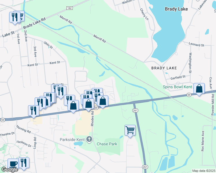 map of restaurants, bars, coffee shops, grocery stores, and more near 1911 Ohio 59 in Kent