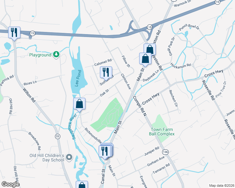 map of restaurants, bars, coffee shops, grocery stores, and more near 15 Maplewood Avenue in Westport