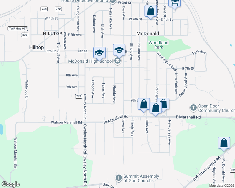 map of restaurants, bars, coffee shops, grocery stores, and more near 843 Florida Avenue in McDonald