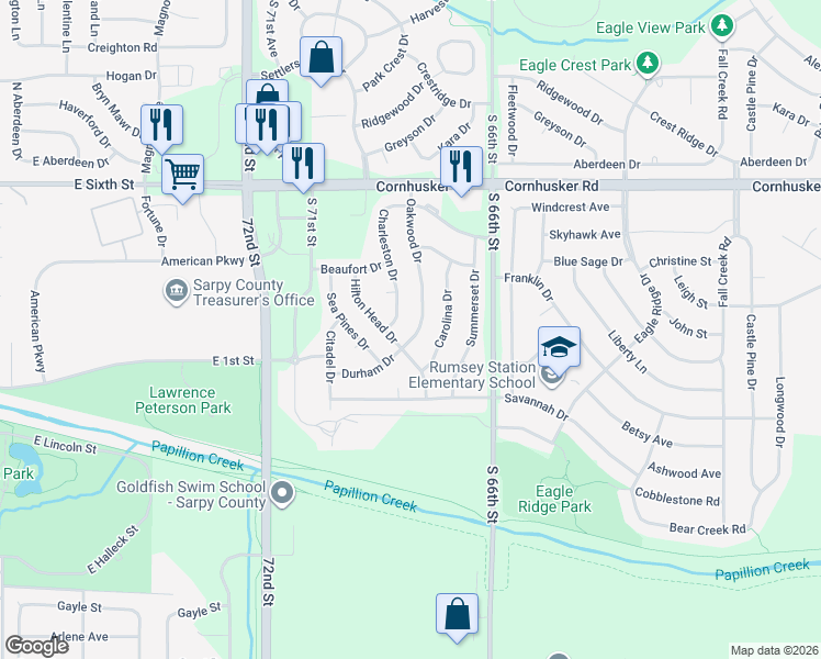 map of restaurants, bars, coffee shops, grocery stores, and more near 1510 Durham Drive in Papillion