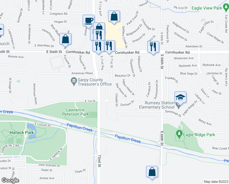 map of restaurants, bars, coffee shops, grocery stores, and more near 212 Citadel Drive in Papillion