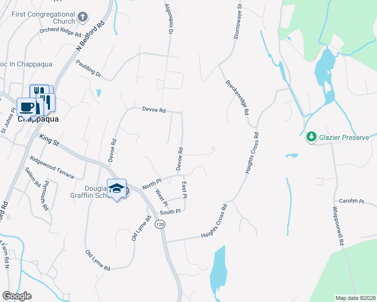 map of restaurants, bars, coffee shops, grocery stores, and more near 154 Devoe Road in Chappaqua