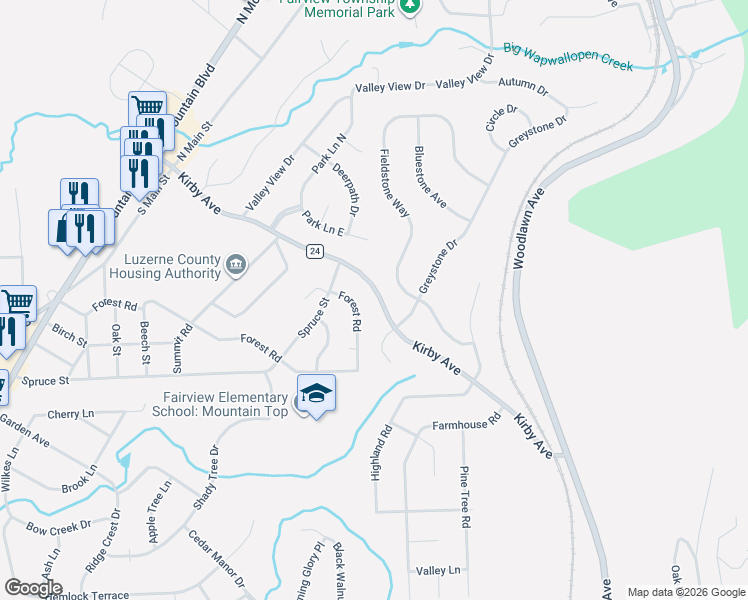 map of restaurants, bars, coffee shops, grocery stores, and more near 1 Kirby Avenue in Mountain Top