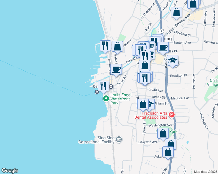 map of restaurants, bars, coffee shops, grocery stores, and more near 1 Secor Road in Ossining