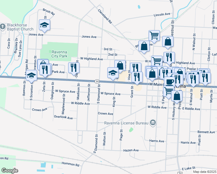 map of restaurants, bars, coffee shops, grocery stores, and more near 639 West Main Street in Ravenna