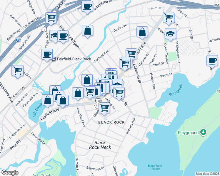 map of restaurants, bars, coffee shops, grocery stores, and more near 2838 Fairfield Avenue in Bridgeport