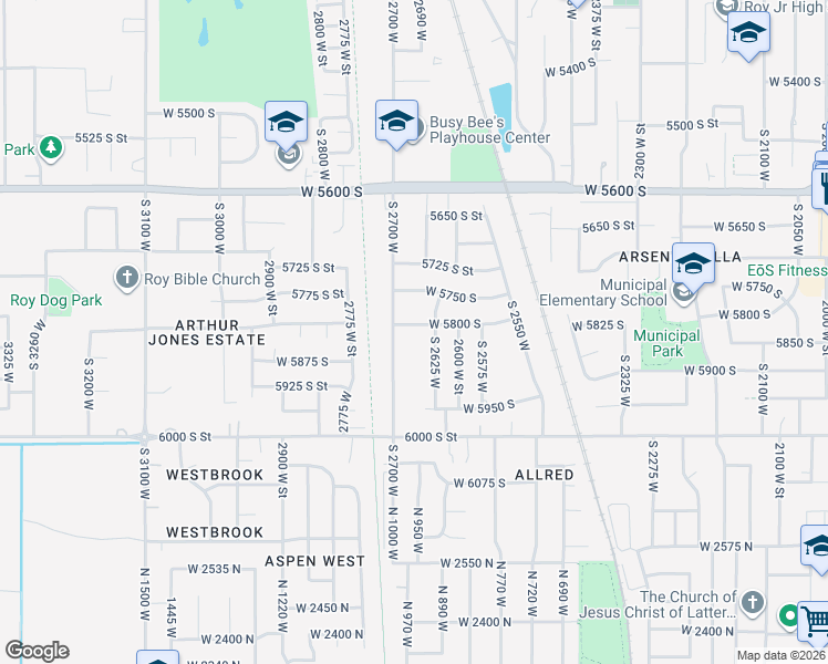 map of restaurants, bars, coffee shops, grocery stores, and more near 2655 West 5800 South in Roy