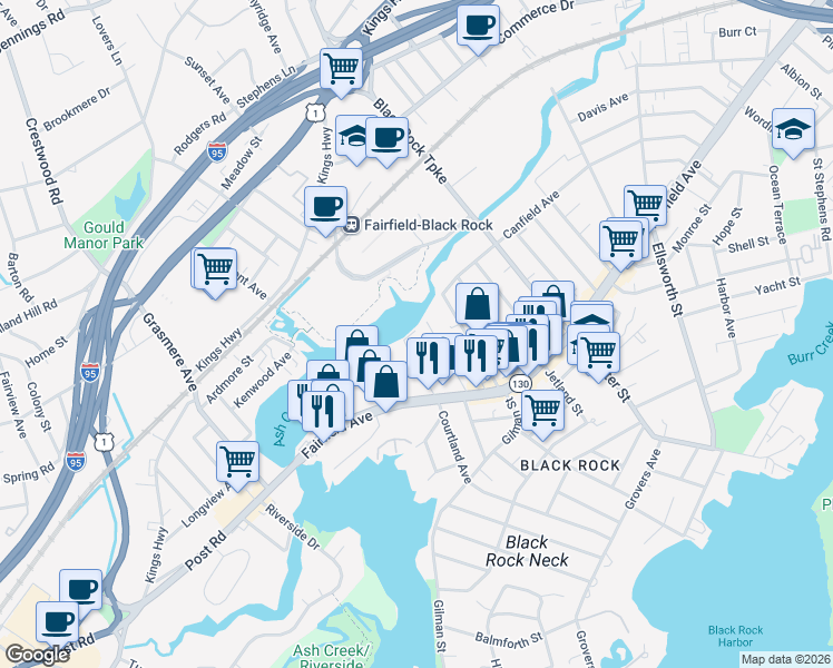 map of restaurants, bars, coffee shops, grocery stores, and more near 635 Canfield Avenue Exn in Bridgeport