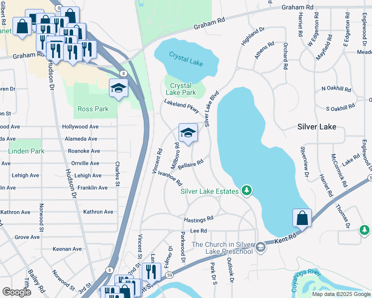 map of restaurants, bars, coffee shops, grocery stores, and more near 2970 Overlook Road in Silver Lake