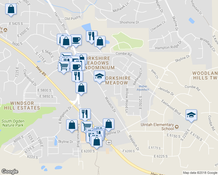 map of restaurants, bars, coffee shops, grocery stores, and more near 5833 South 1900 East Street in Ogden