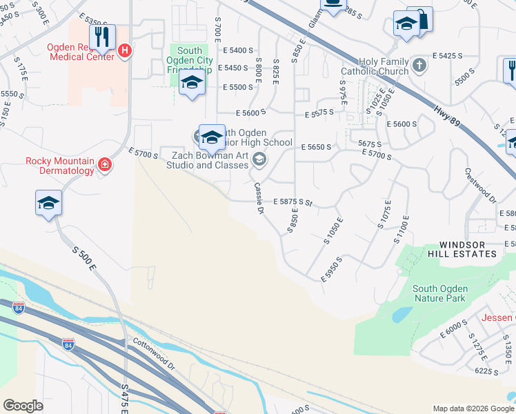 map of restaurants, bars, coffee shops, grocery stores, and more near 5878 Cassie Drive in South Ogden