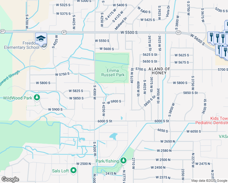 map of restaurants, bars, coffee shops, grocery stores, and more near 4205 West 5850 South in Roy