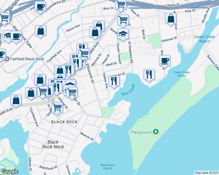 map of restaurants, bars, coffee shops, grocery stores, and more near 105 Ferris Street in Bridgeport