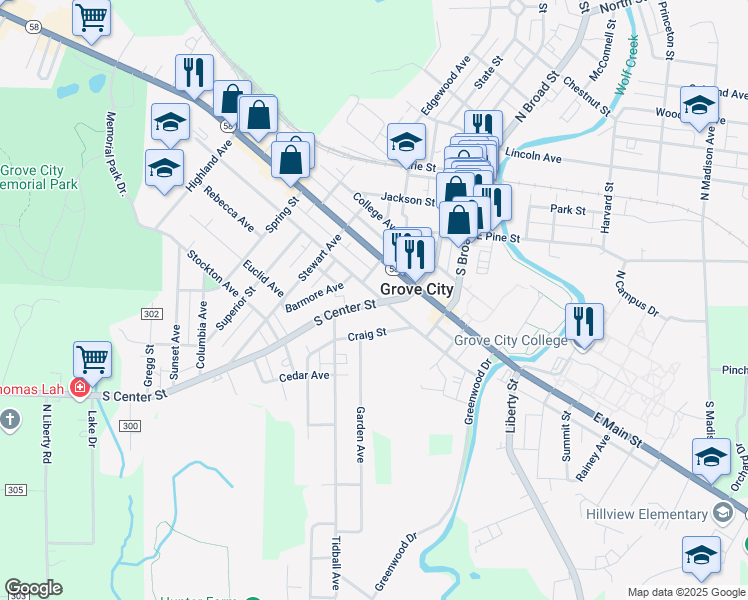 map of restaurants, bars, coffee shops, grocery stores, and more near 522 South Center Street in Grove City