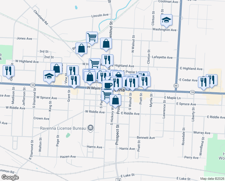 map of restaurants, bars, coffee shops, grocery stores, and more near in Ravenna