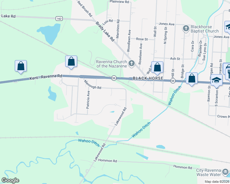 map of restaurants, bars, coffee shops, grocery stores, and more near 3220 Menough Road in Ravenna