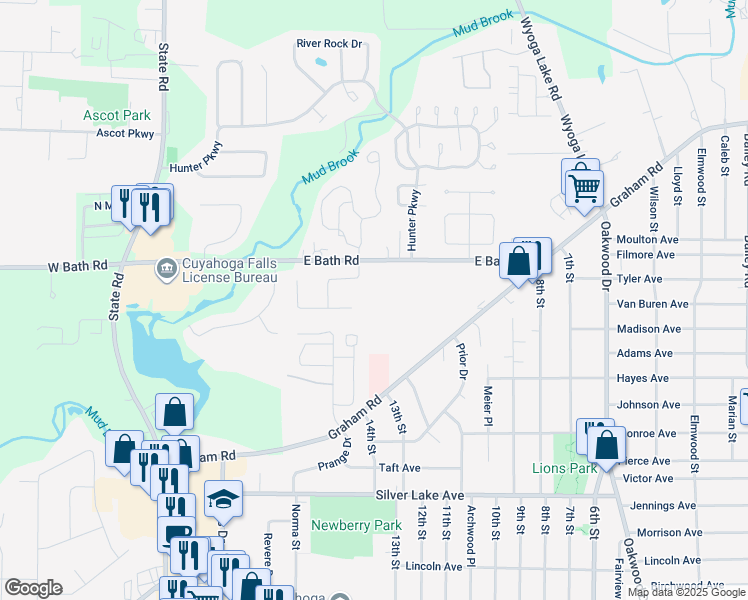 map of restaurants, bars, coffee shops, grocery stores, and more near 300 East Bath Road in Cuyahoga Falls