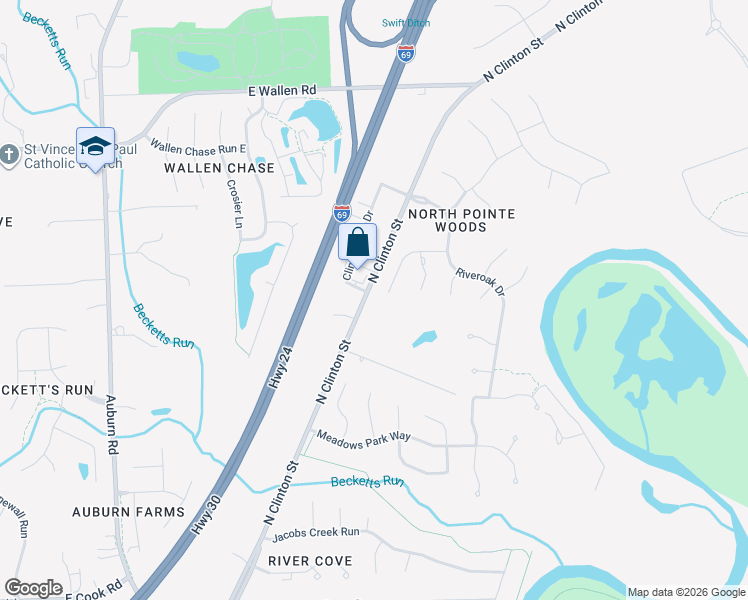 map of restaurants, bars, coffee shops, grocery stores, and more near 8210-8268 N Clinton St in Fort Wayne