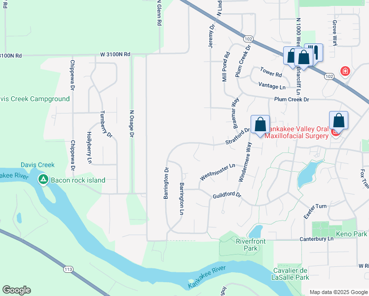 map of restaurants, bars, coffee shops, grocery stores, and more near 355 Berkshire Court in Bourbonnais
