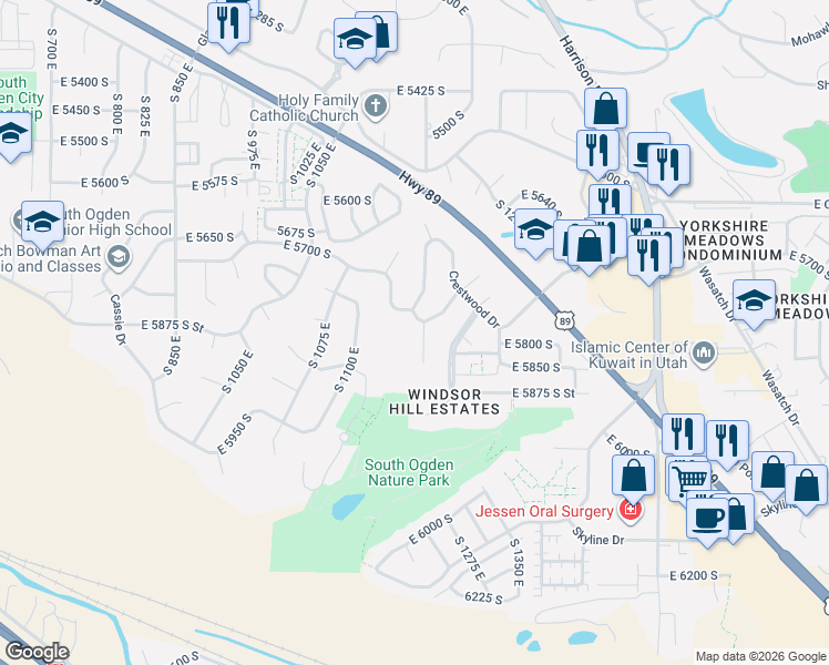 map of restaurants, bars, coffee shops, grocery stores, and more near Club Lane in Davis County
