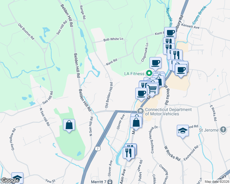 map of restaurants, bars, coffee shops, grocery stores, and more near 43 Old Belden Hill Court in Norwalk