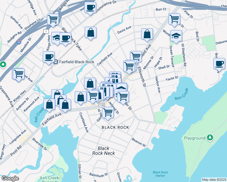map of restaurants, bars, coffee shops, grocery stores, and more near 2836 Fairfield Avenue in Bridgeport