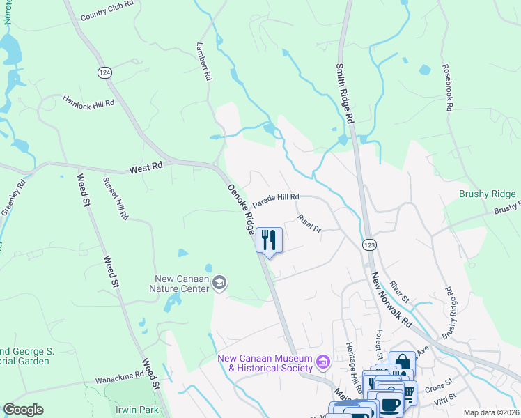 map of restaurants, bars, coffee shops, grocery stores, and more near 253 Oenoke Ridge in New Canaan