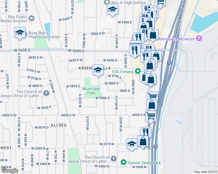 map of restaurants, bars, coffee shops, grocery stores, and more near 5824 South 2150 West in Roy
