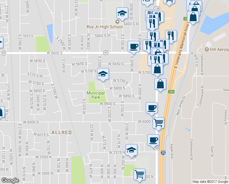 map of restaurants, bars, coffee shops, grocery stores, and more near 5824 South 2150 West in Roy