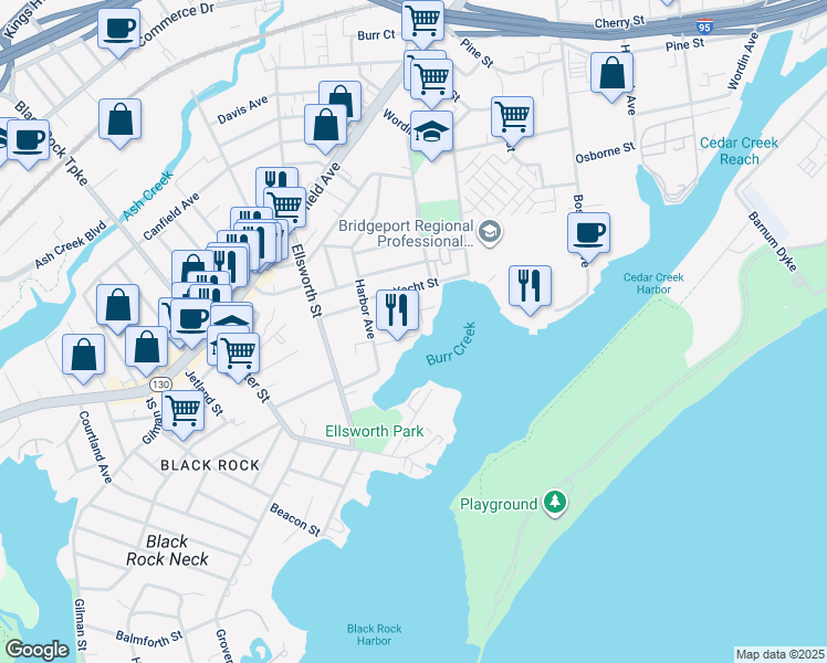 map of restaurants, bars, coffee shops, grocery stores, and more near 40 Ferris Street in Bridgeport