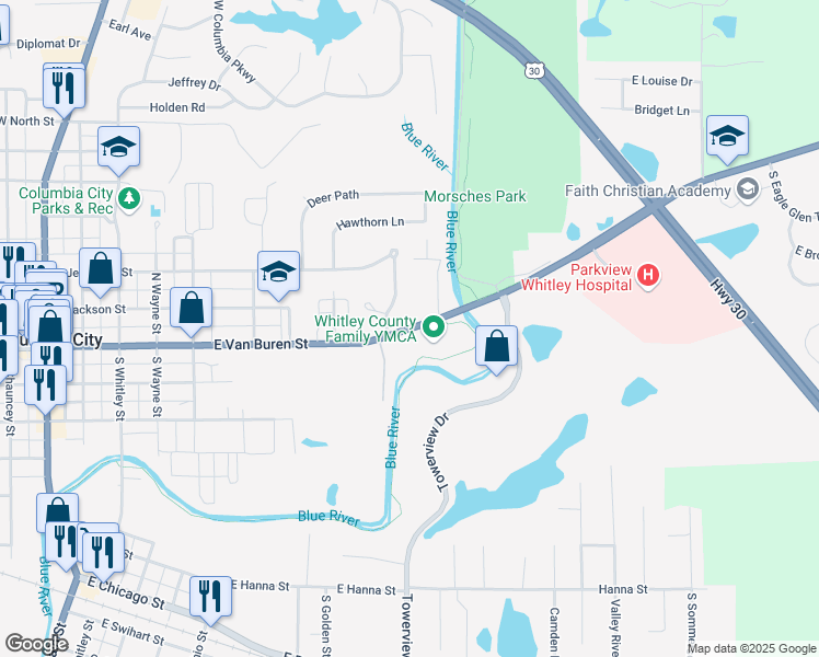 map of restaurants, bars, coffee shops, grocery stores, and more near East Van Buren Street in Columbia City