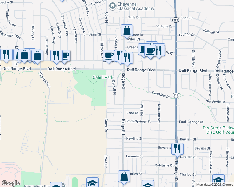 map of restaurants, bars, coffee shops, grocery stores, and more near 4307 Darnell Place in Cheyenne