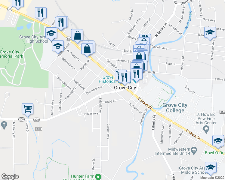 map of restaurants, bars, coffee shops, grocery stores, and more near 507 South Center Street in Grove City