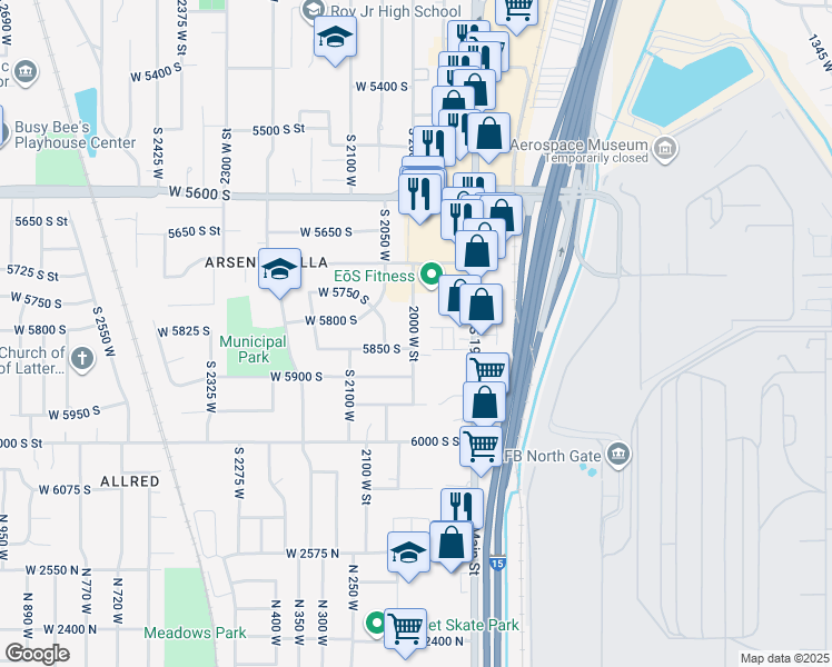 map of restaurants, bars, coffee shops, grocery stores, and more near 2021 West 5850 South in Roy