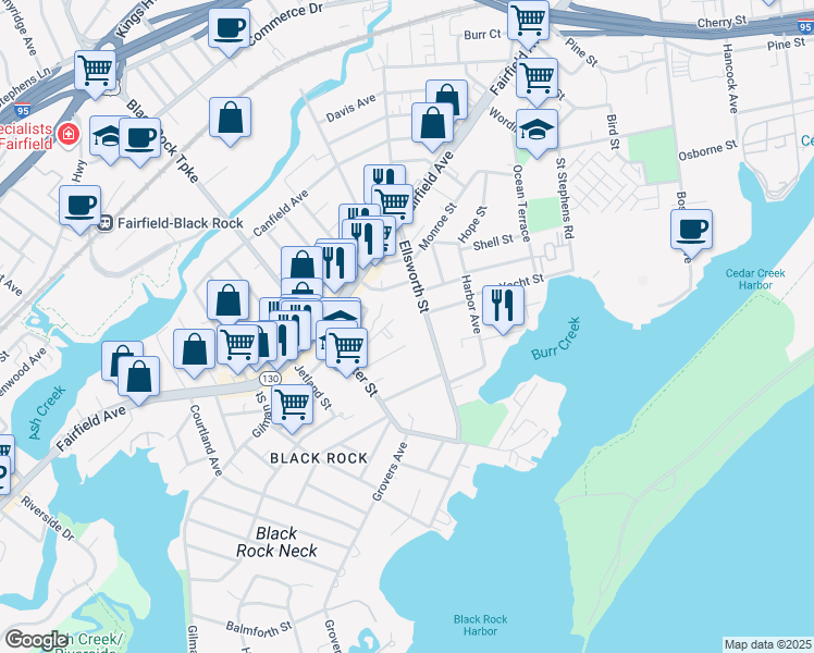 map of restaurants, bars, coffee shops, grocery stores, and more near 115 Brittin Avenue in Bridgeport